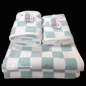 8pc Green & White Check CHECKERED Bath Hand Washcloth Towel Set 100% Cotton New